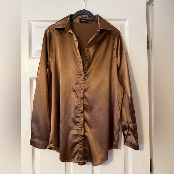 PrettyLittleThing Tops - Satin Brown Button-Up Shirt- PrettyLittleThing